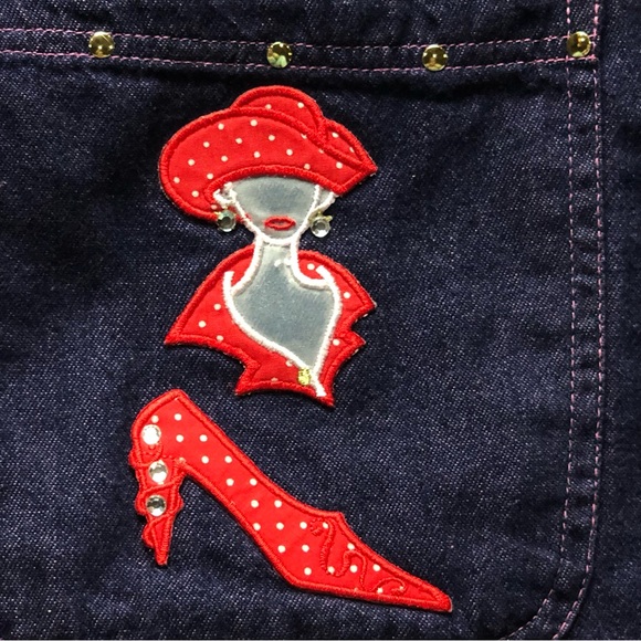 Vintage H & J Jean Dress 2XL Purple Tint Denim 2 Pockets Red Lady Hat Shoe Patch - Picture 5 of 12